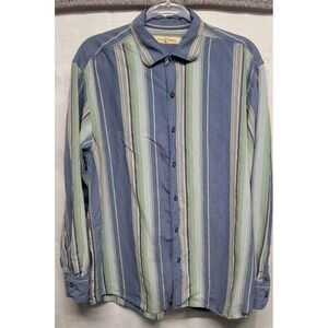 Tommy Bahama Mens L Lyocell Blue/ Green Striped Long Sleeve Button Down Resort